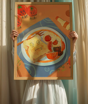 Whimsical Breakfast with Animated Tomatoes and Toast on a Bright Plate