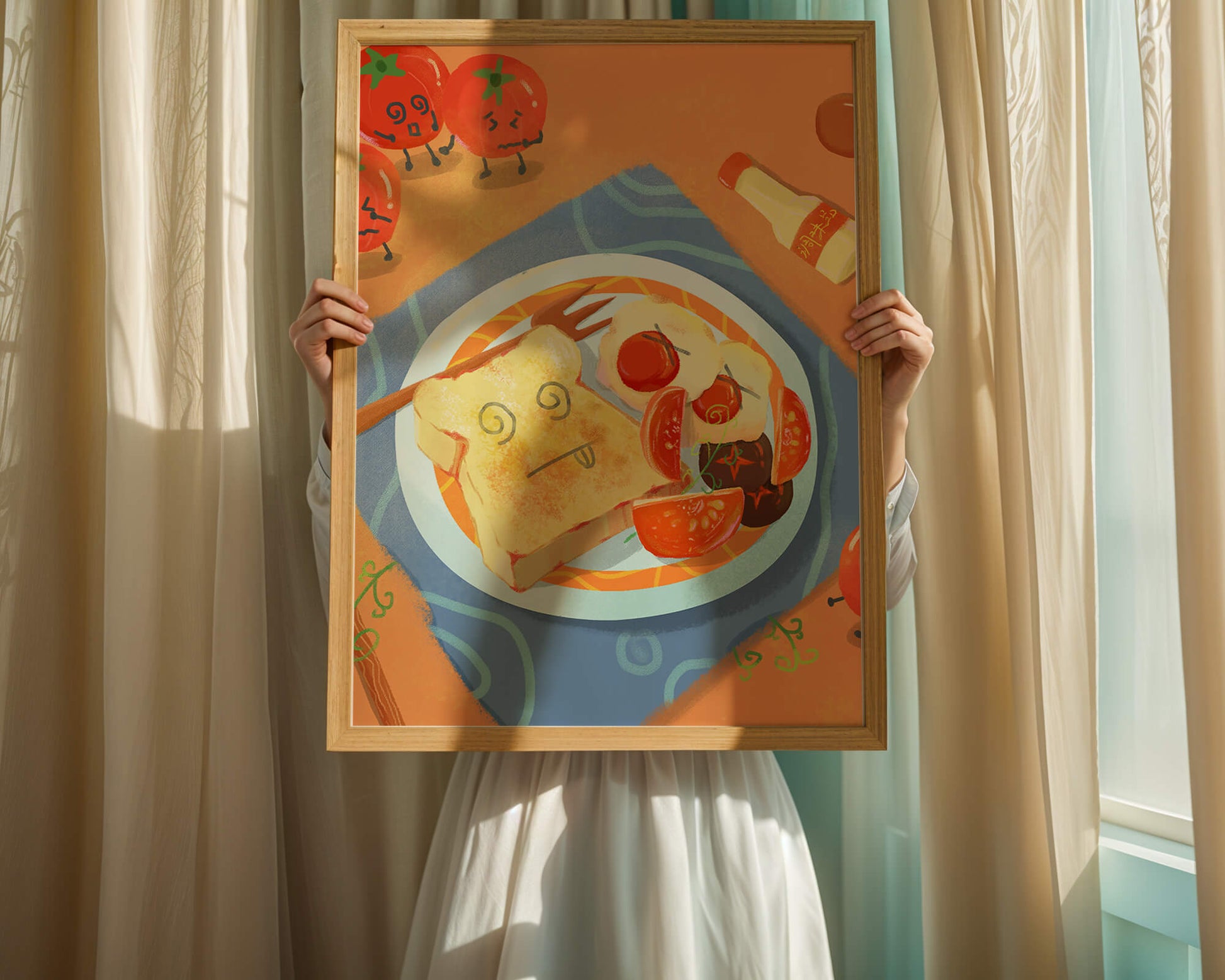 Desayuno caprichoso con tomates animados y tostadas en un plato brillante