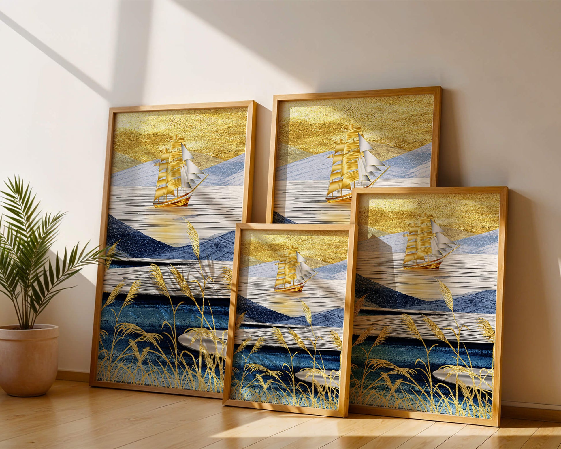 Golden Sailboat on Blue and Gold Landscape