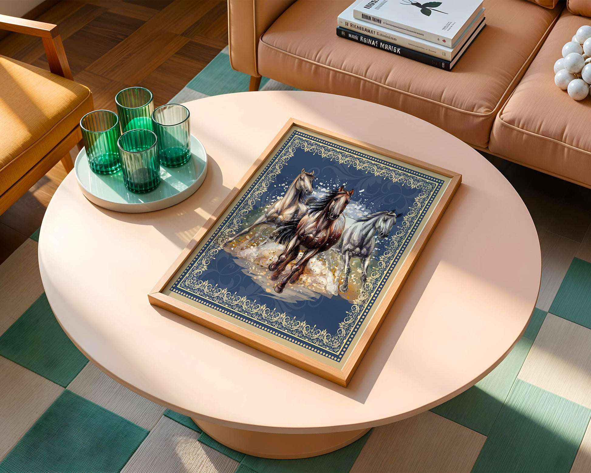 Running horses framed with elegant golden border on a blue background
