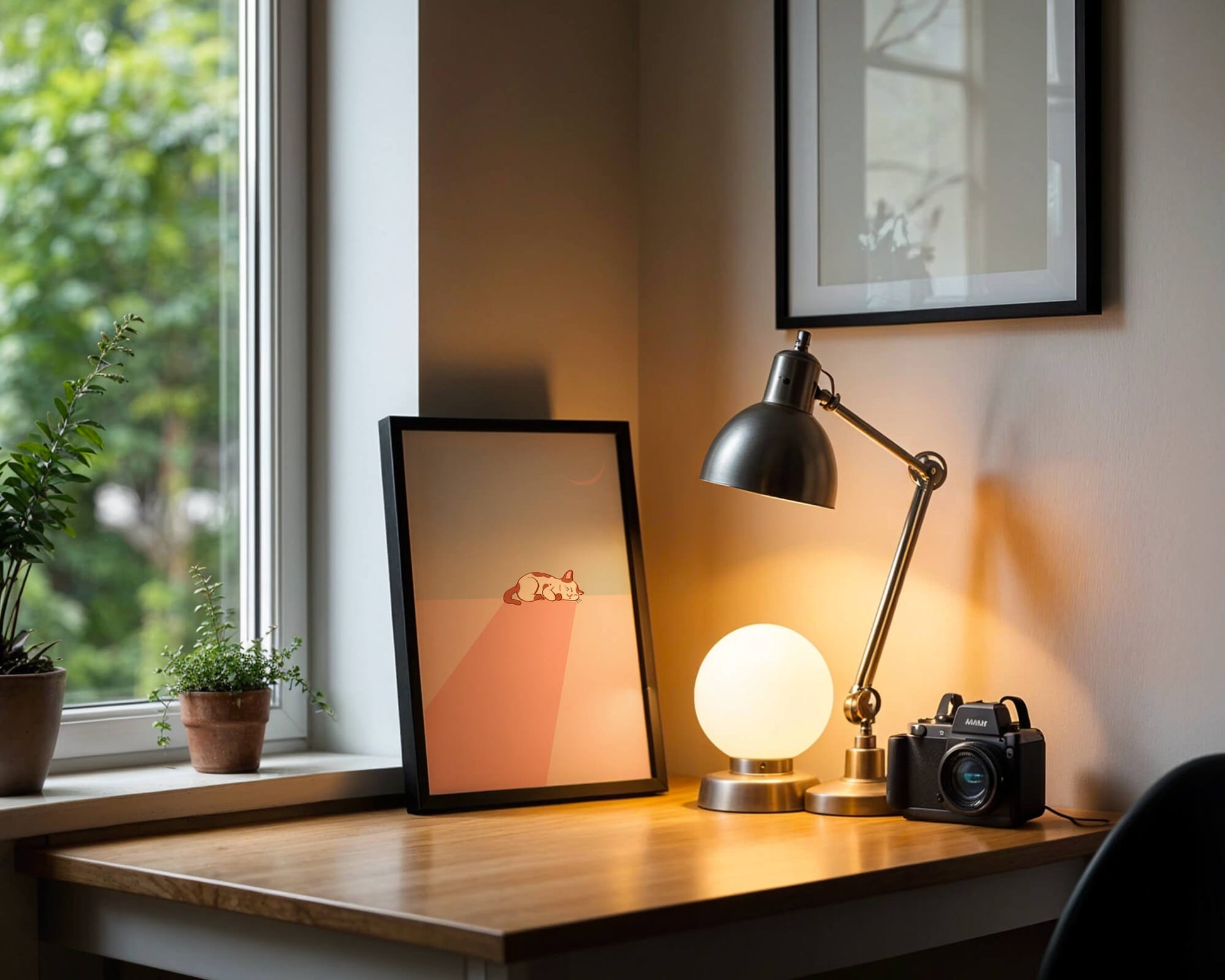 Sleeping Cat in Minimalistic Moonlit Scene
