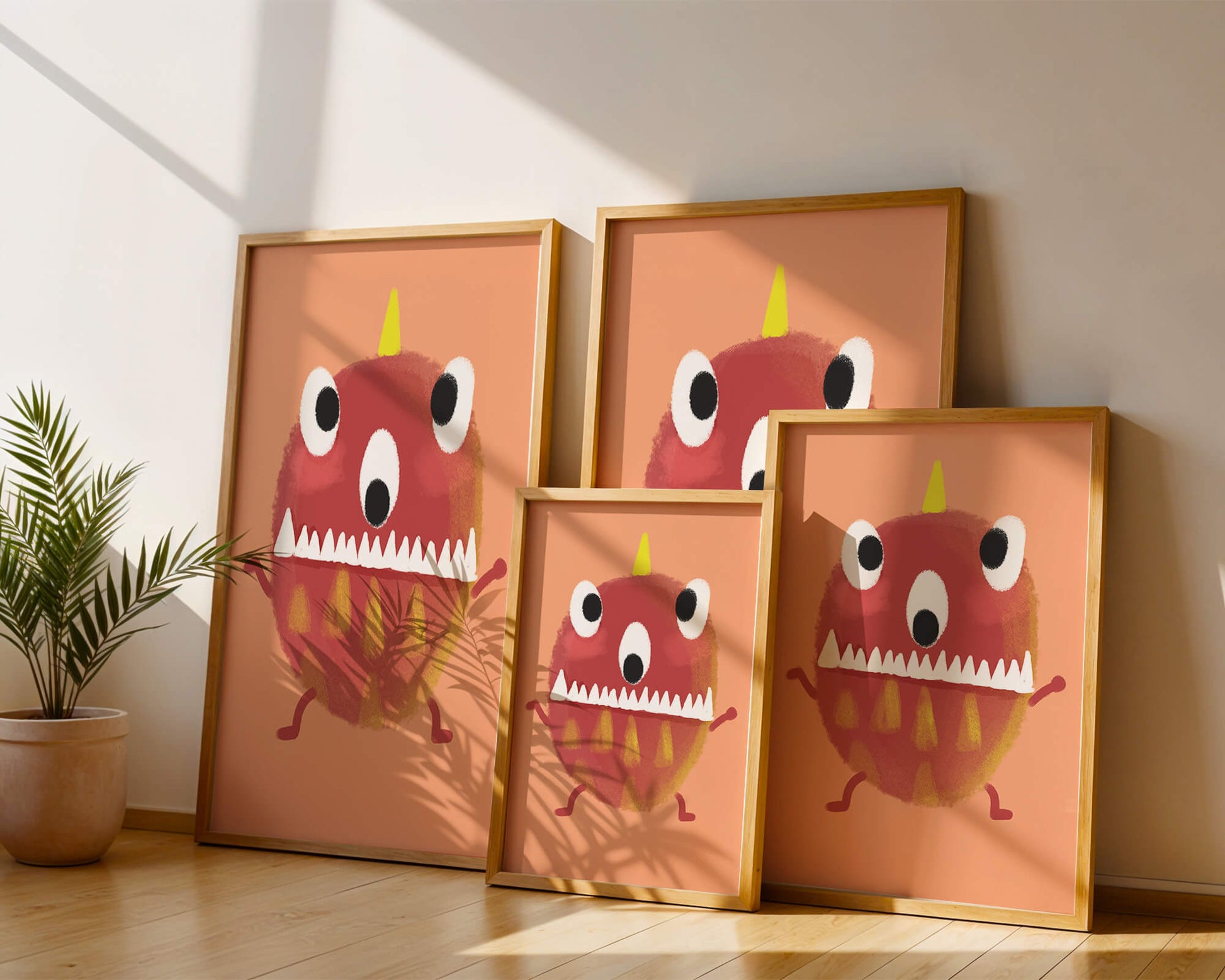 Monstruo colorido con rasgos geométricos y expresión lúdica.