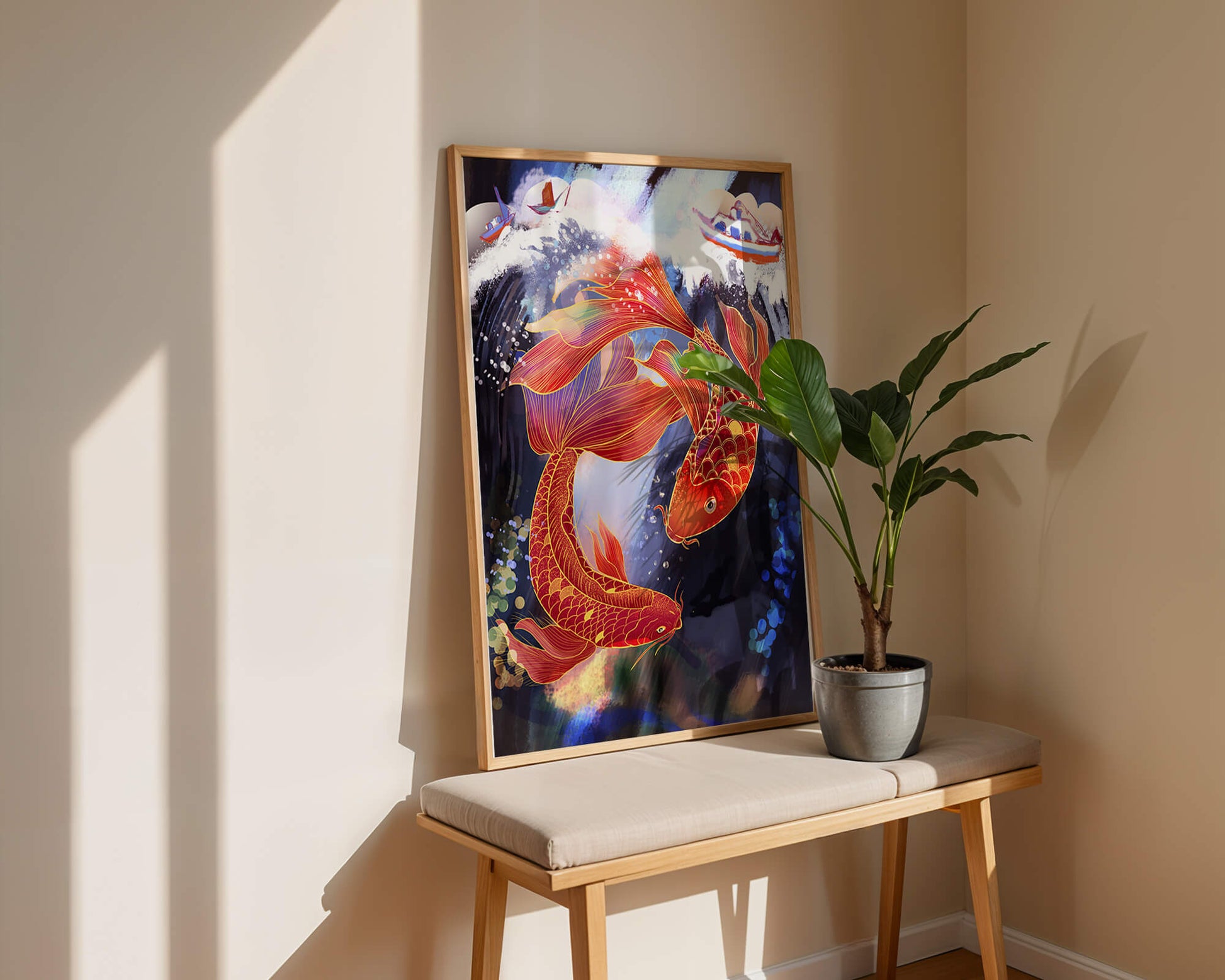 Representación artística de peces koi nadando con barcos en colores vibrantes.