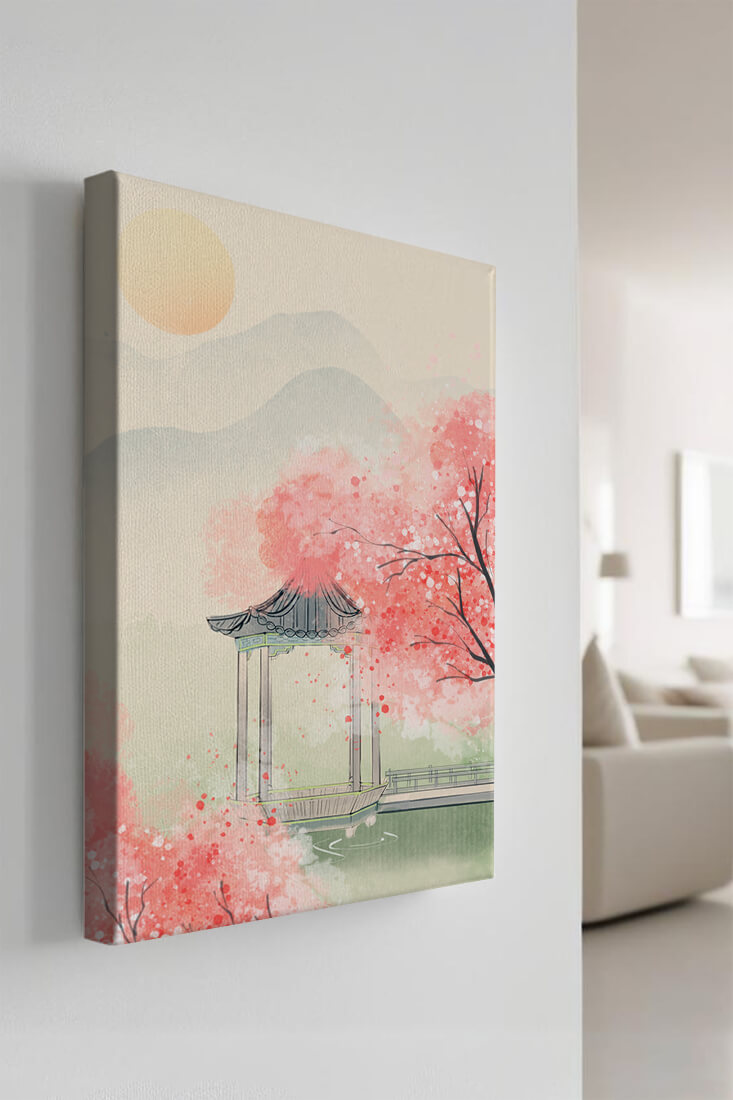 Serene landscape with cherry blossoms and traditional gazebo
