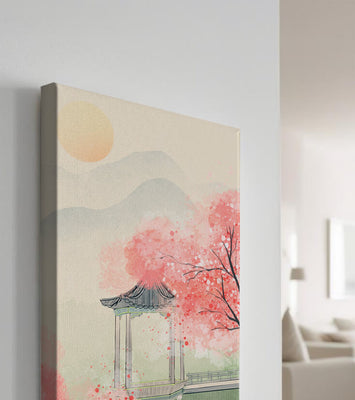 Serene landscape with cherry blossoms and traditional gazebo