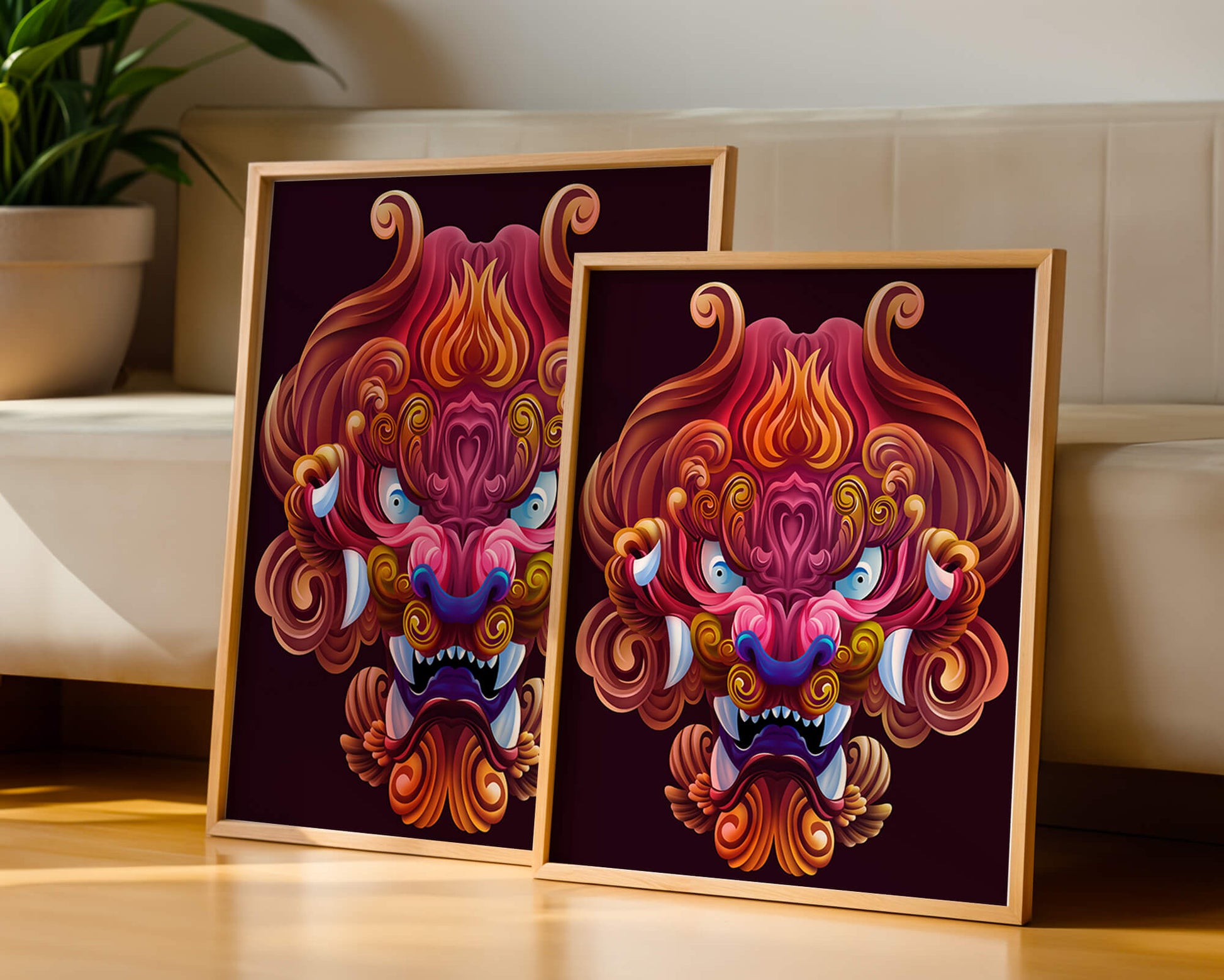 Intricate Colorful Dragon Face Illustration with Swirling Patterns