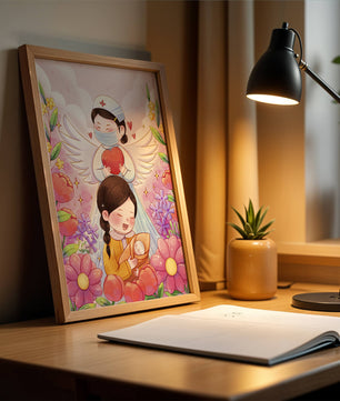Escena ilustrada de un ángel de la salud con un niño y flores
