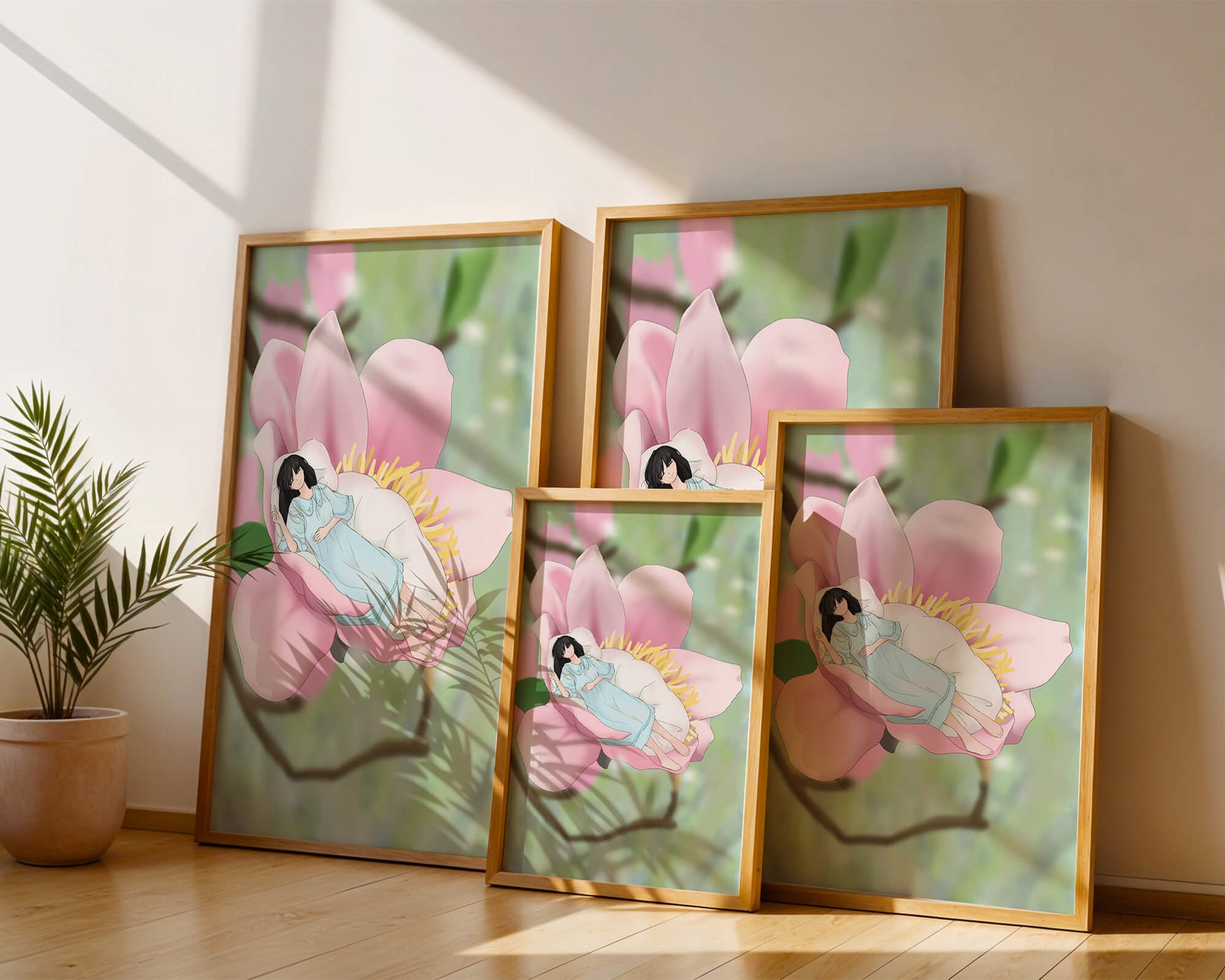 Dreamlike scene of a woman sleeping in a large pink flower