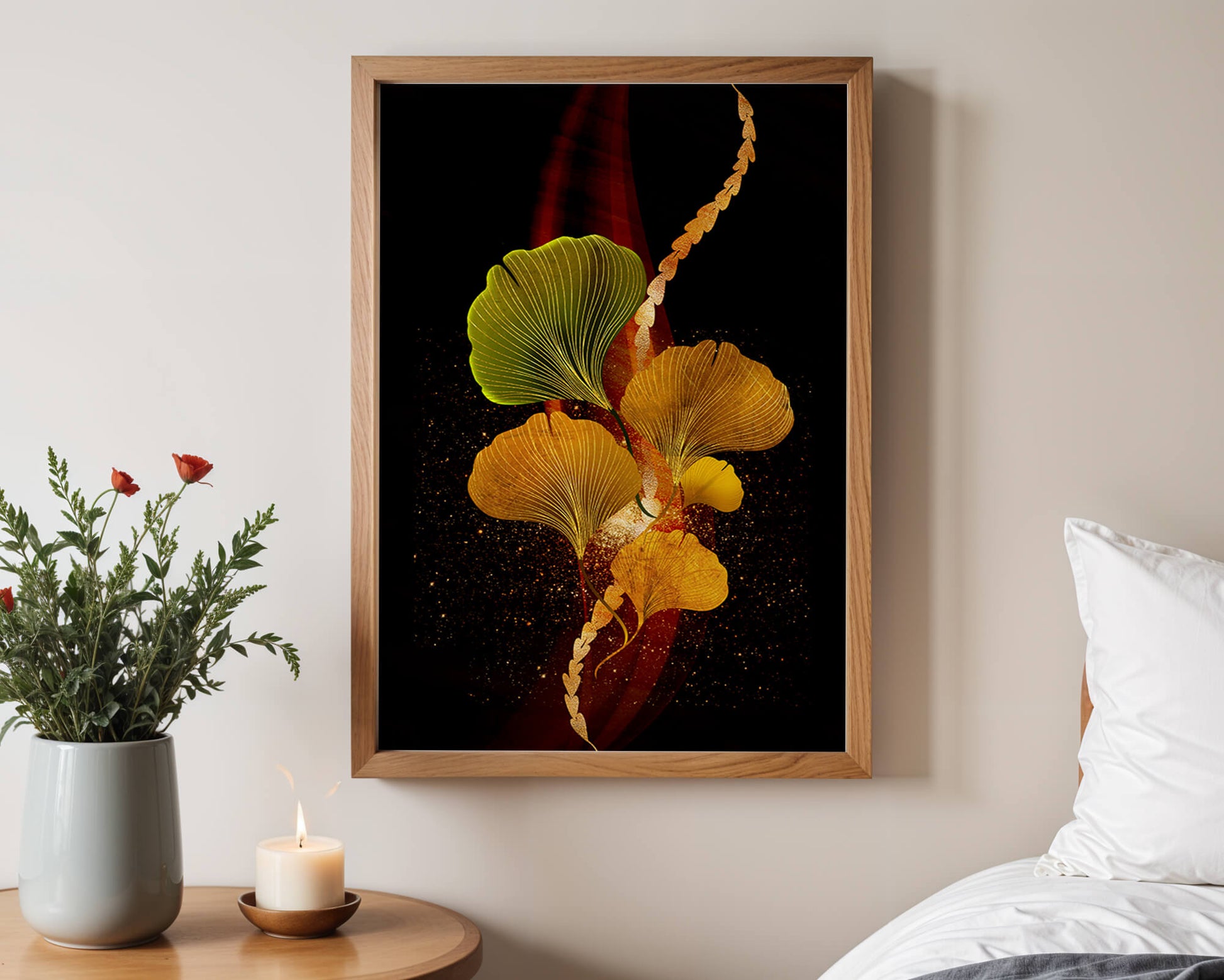 Art abstrait floral avec des feuilles de gingko dorées et un fond sombre