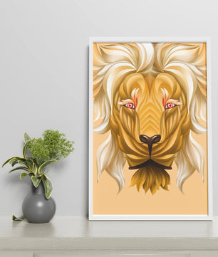 Lion Face with Intricate Golden Pattern and Flowing Mane
