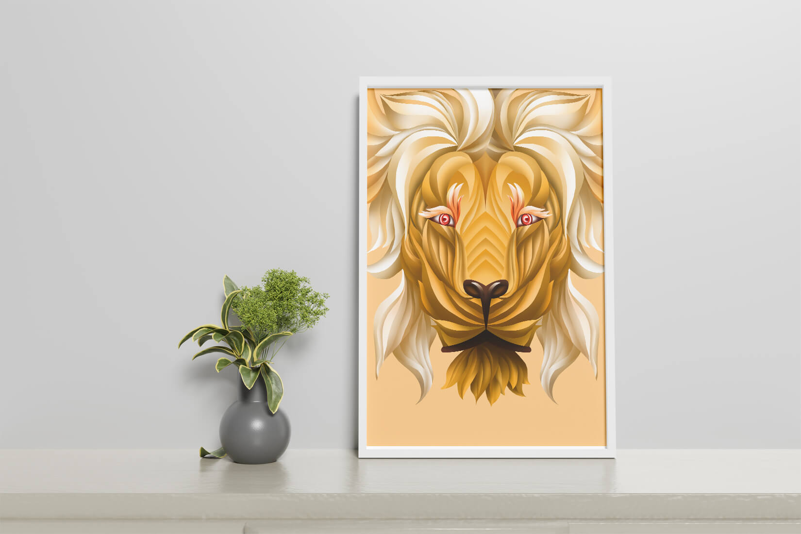Lion Face with Intricate Golden Pattern and Flowing Mane