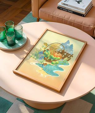 Ilustración con tema de cosecha con una cesta de productos y un fondo panorámico.