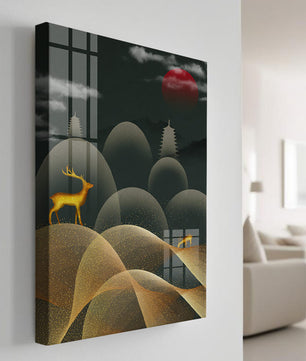 Golden Deer on Abstract Landscape with Red Sun and Pagoda