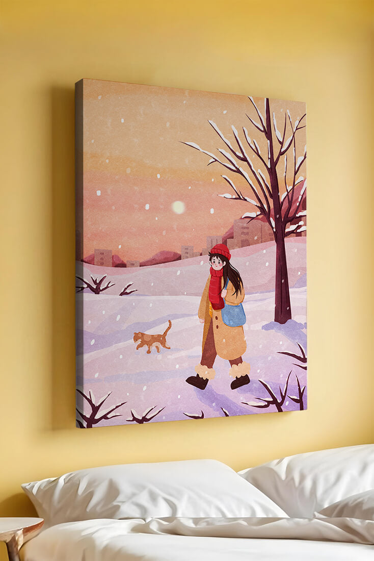 Winter sunset walk with a girl and dog in snowy landscape