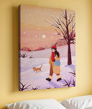 Winter sunset walk with a girl and dog in snowy landscape