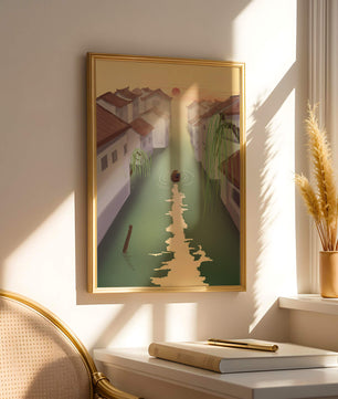 Escena de río tranquilo con arquitectura tradicional y atardecer