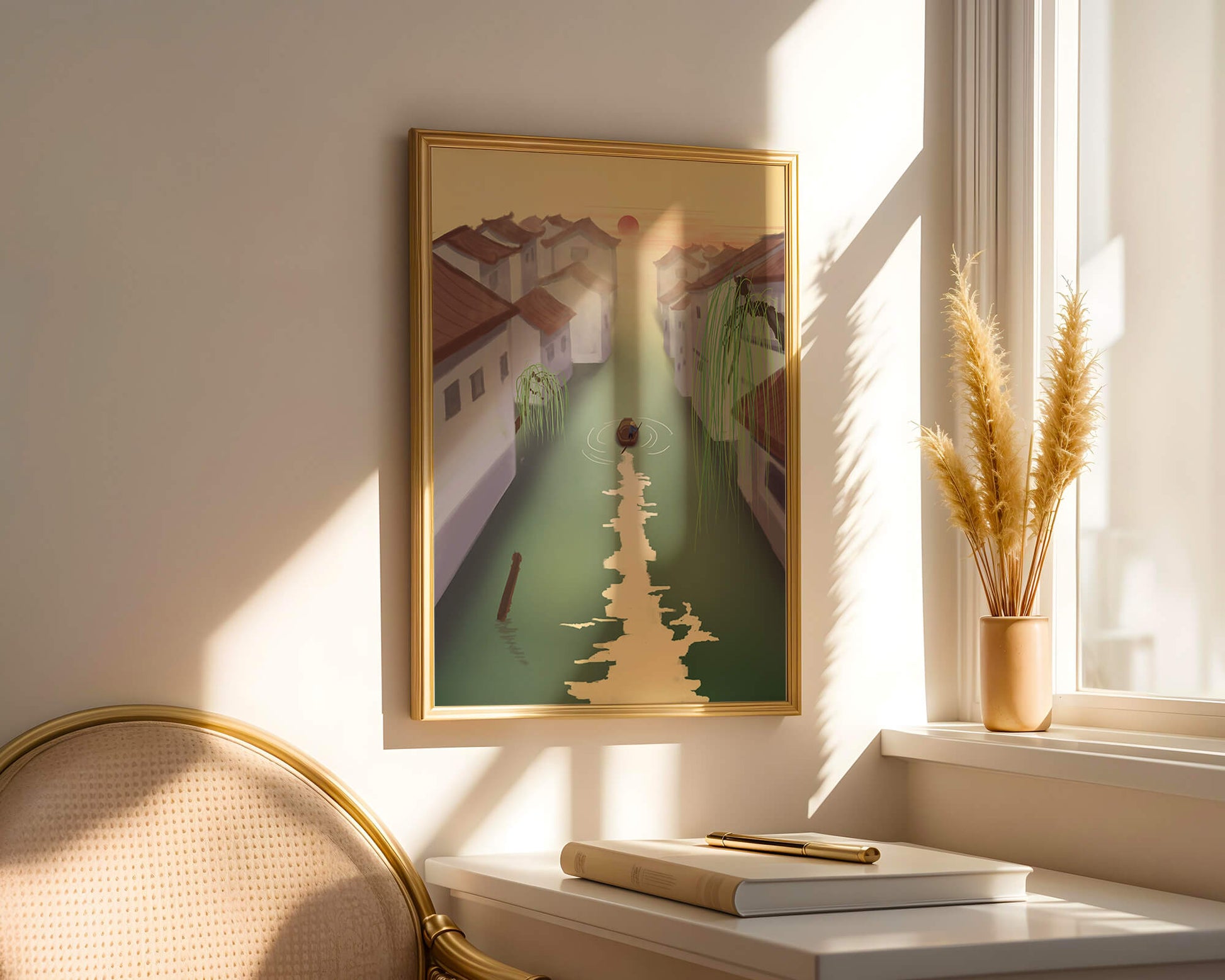 Tranquil river scene with traditional architecture and sunset
