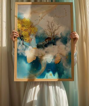 Surreal Nature Scene with Elephants and Golden Leaves