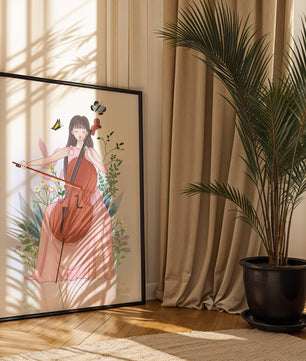 Girl Playing Cello Surrounded by Nature with Butterflies - Mi tienda