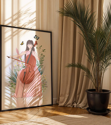 Girl Playing Cello Surrounded by Nature with Butterflies