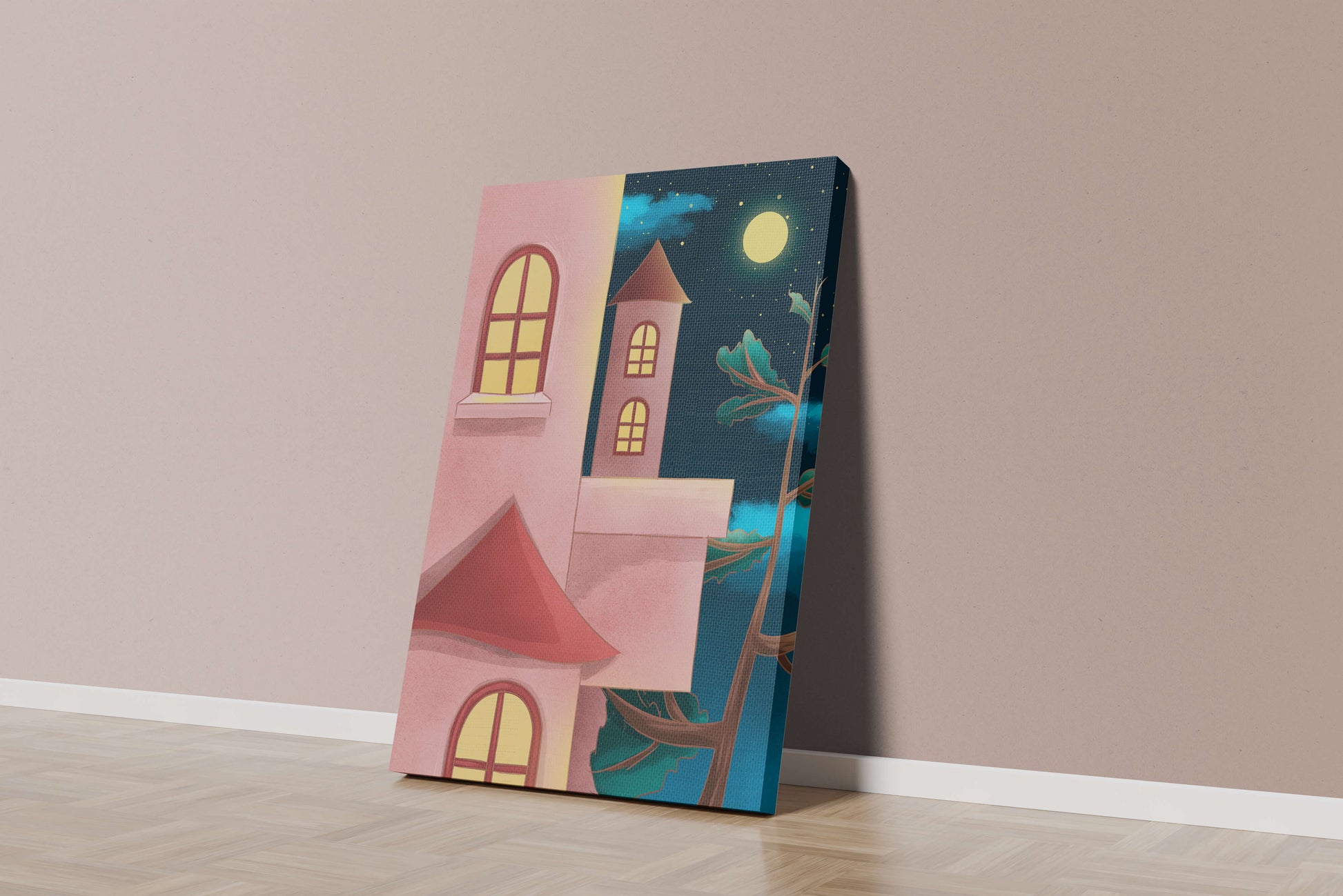 Castle with Arched Windows under Moonlit Sky