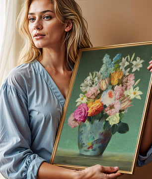 Floral arrangement in a decorative vase on a green background