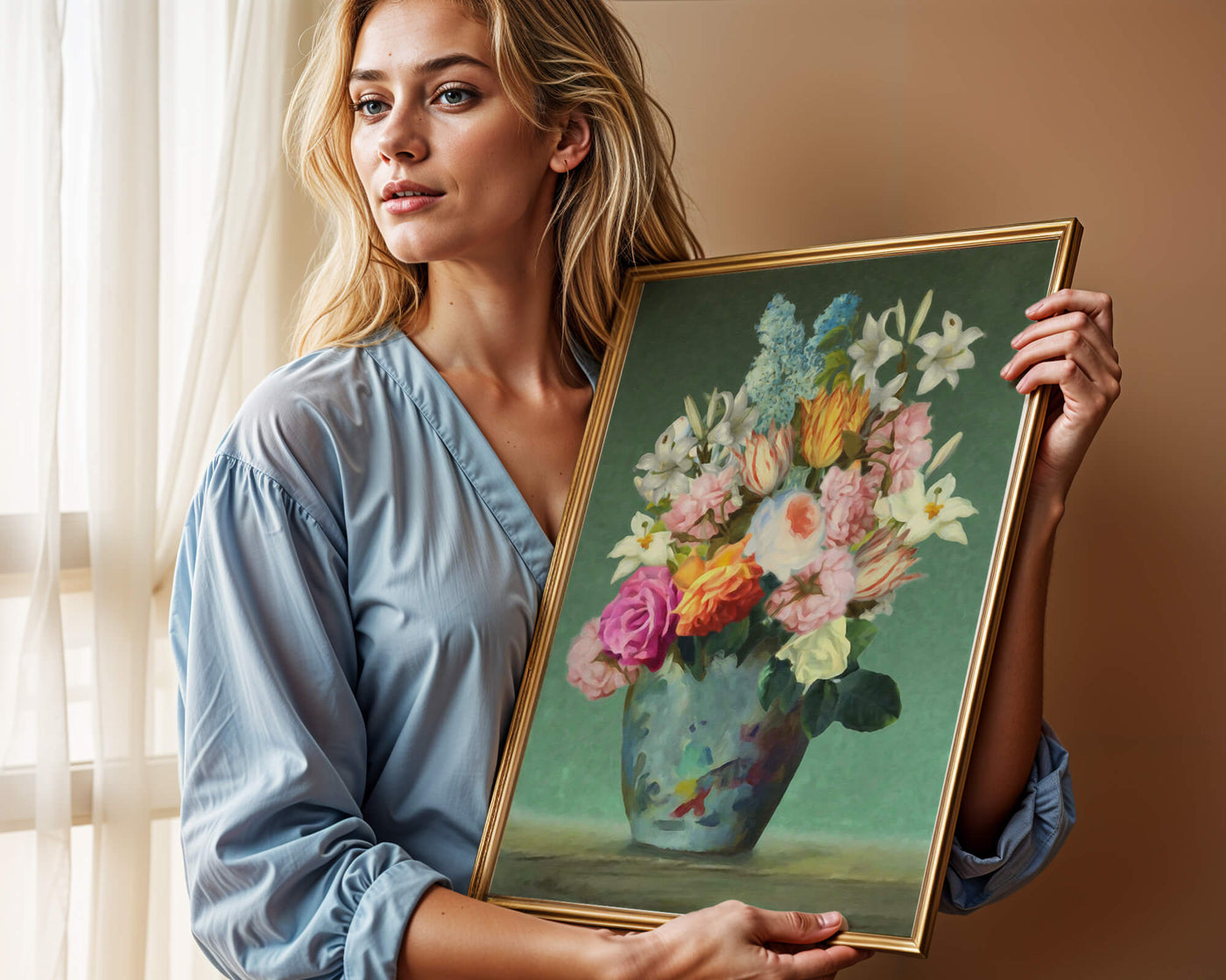 Floral arrangement in a decorative vase on a green background