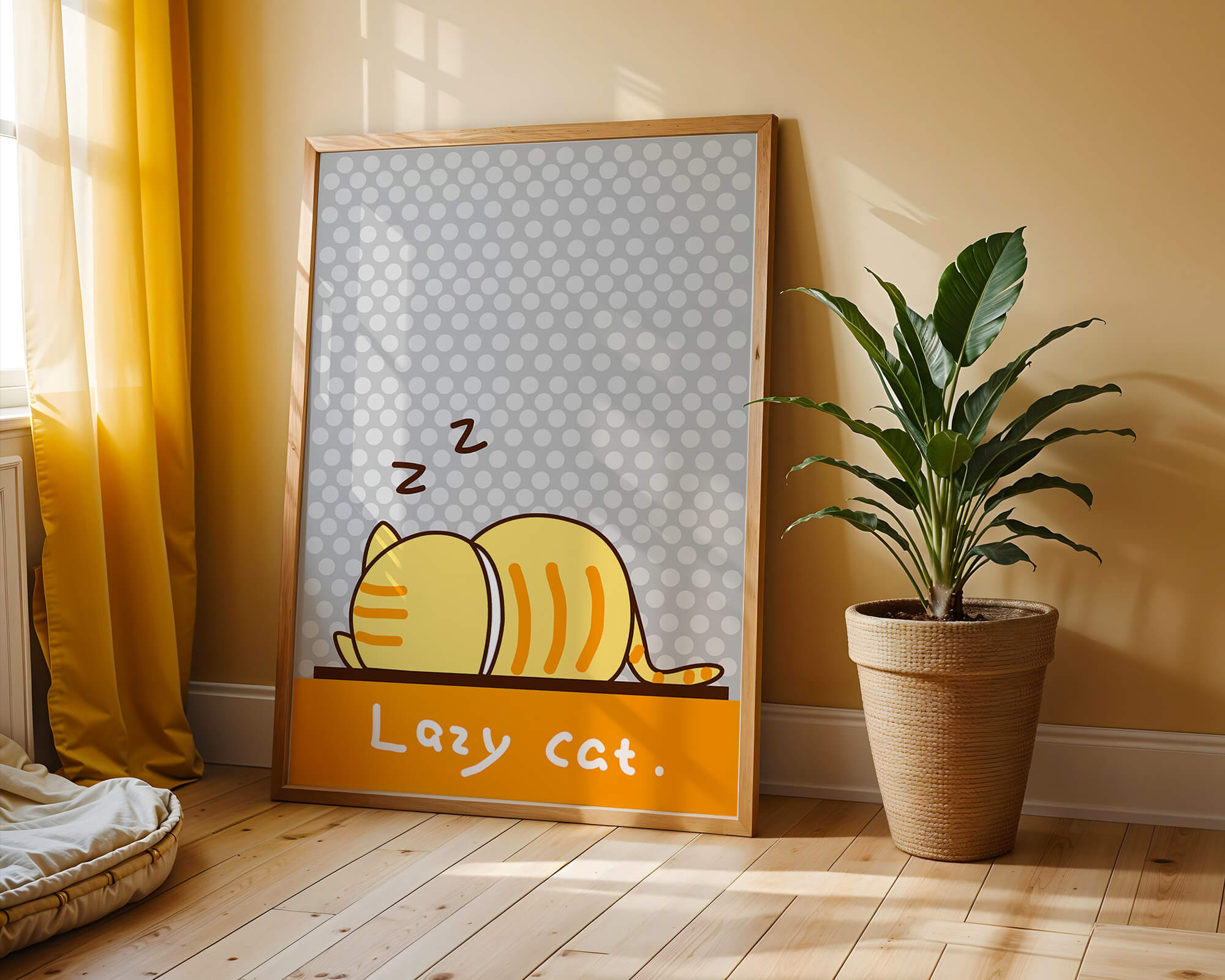 Sleeping cartoon cat with polka dot background