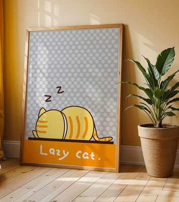 Sleeping cartoon cat with polka dot background
