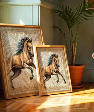 Elegant horse illustration with ornate golden frame