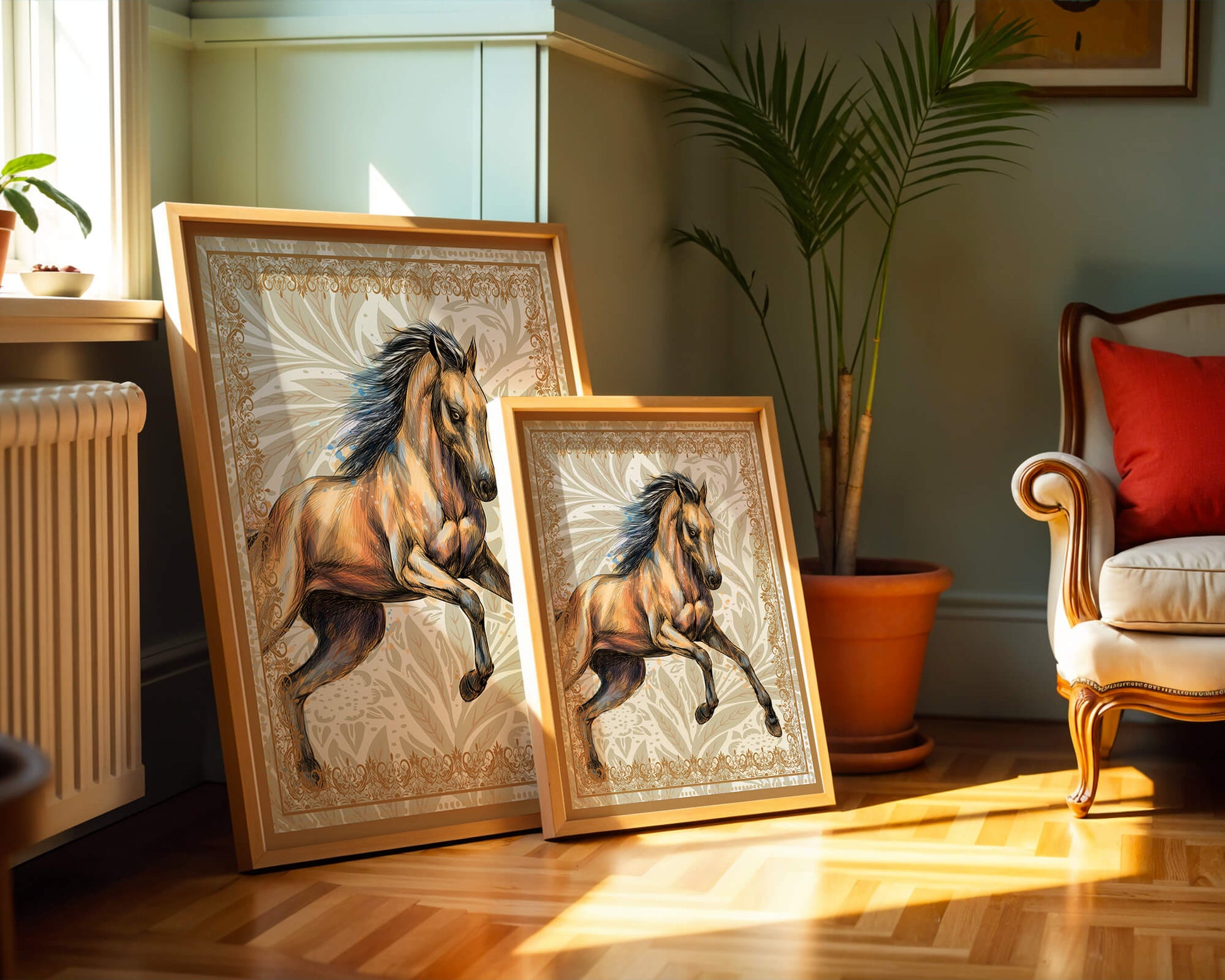 Elegant horse illustration with ornate golden frame