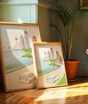 Scenic coastal cityscape with modern buildings and a classic clock tower