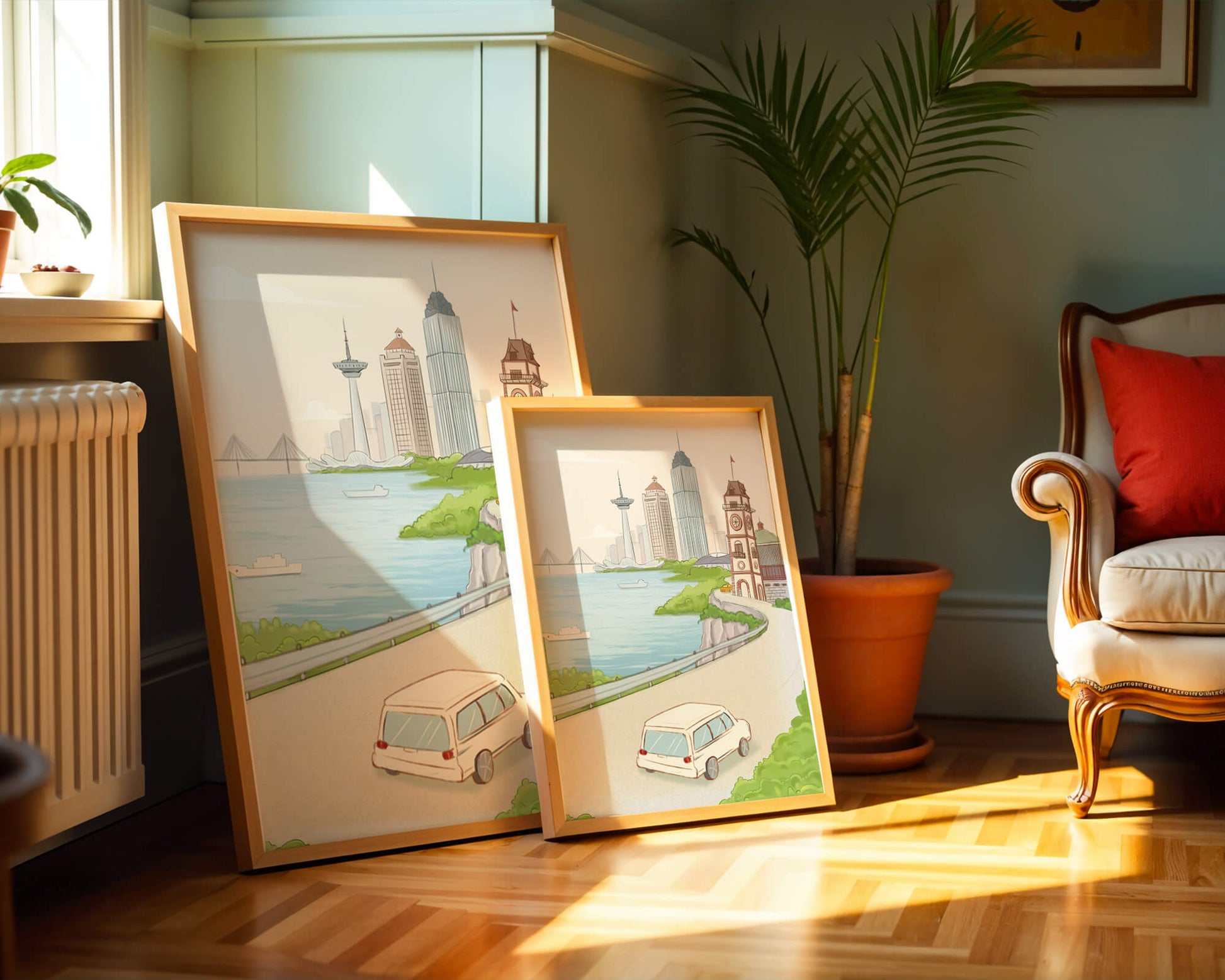 Scenic coastal cityscape with modern buildings and a classic clock tower