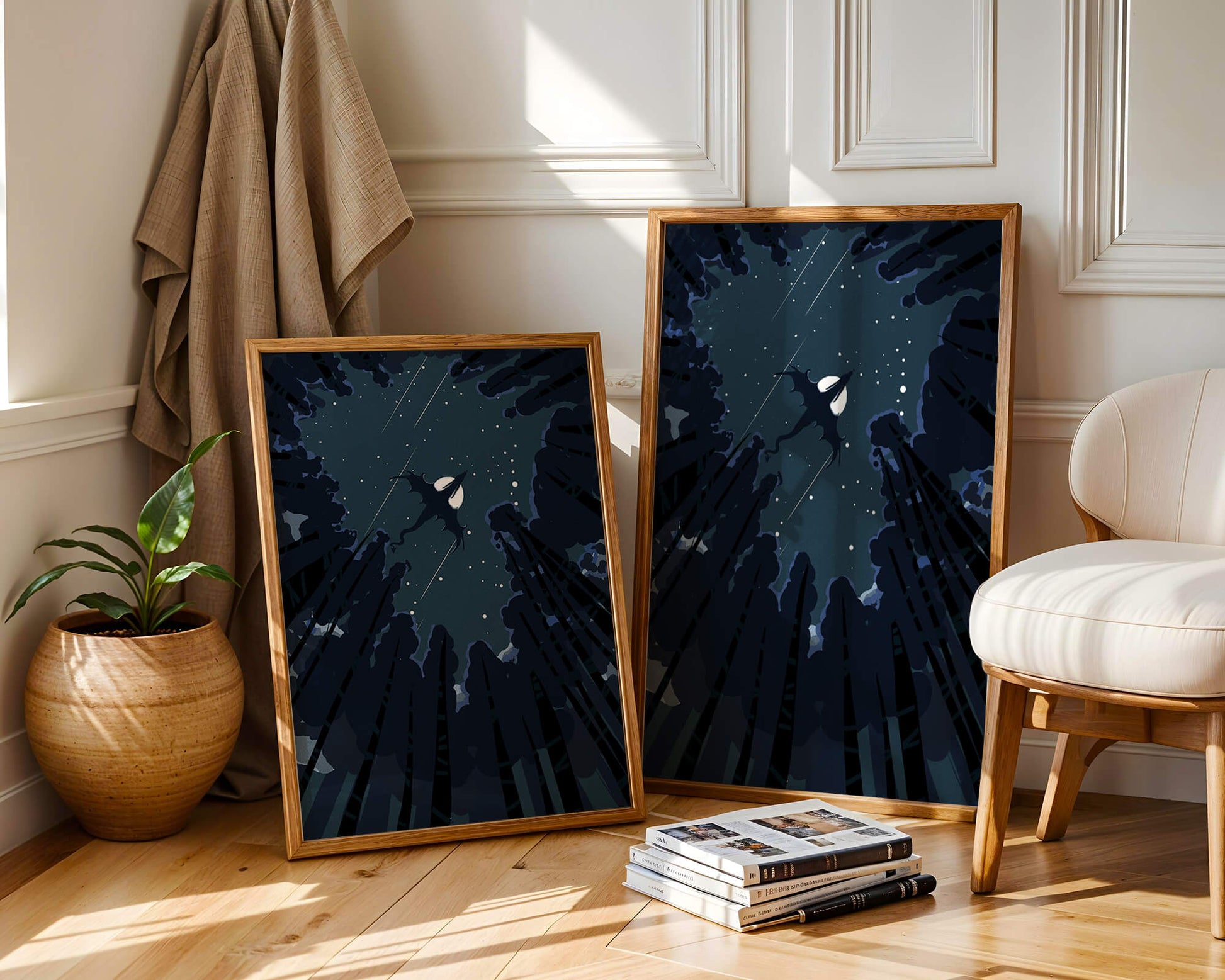 Dragon flying through starry night sky above dark forest