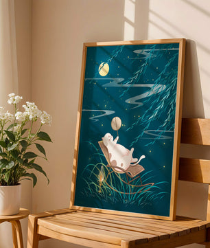 Adorable ilustración de un gato relajándose en un jardín iluminado por la luna con linterna