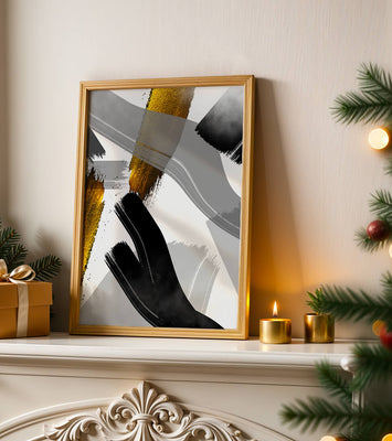 Abstract art piece with gold and black brushstrokes on a gray background