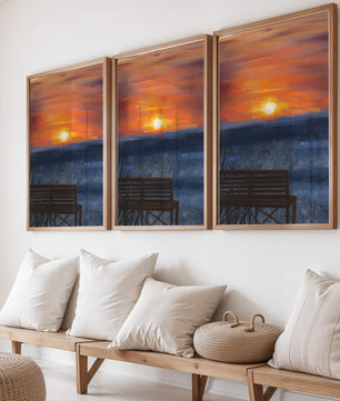 Serene Sunset Overlooking the Ocean with a Wooden Bench