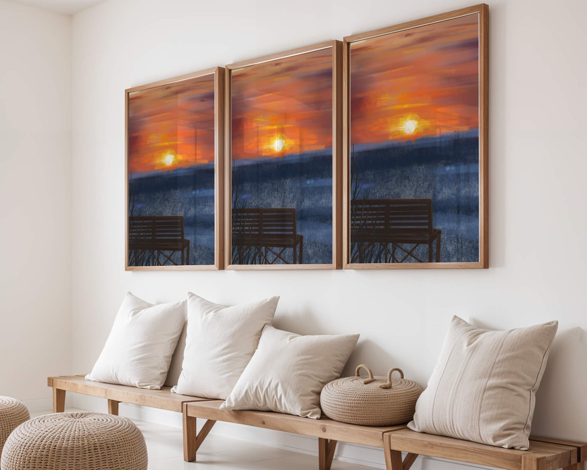 Serene Sunset Overlooking the Ocean with a Wooden Bench