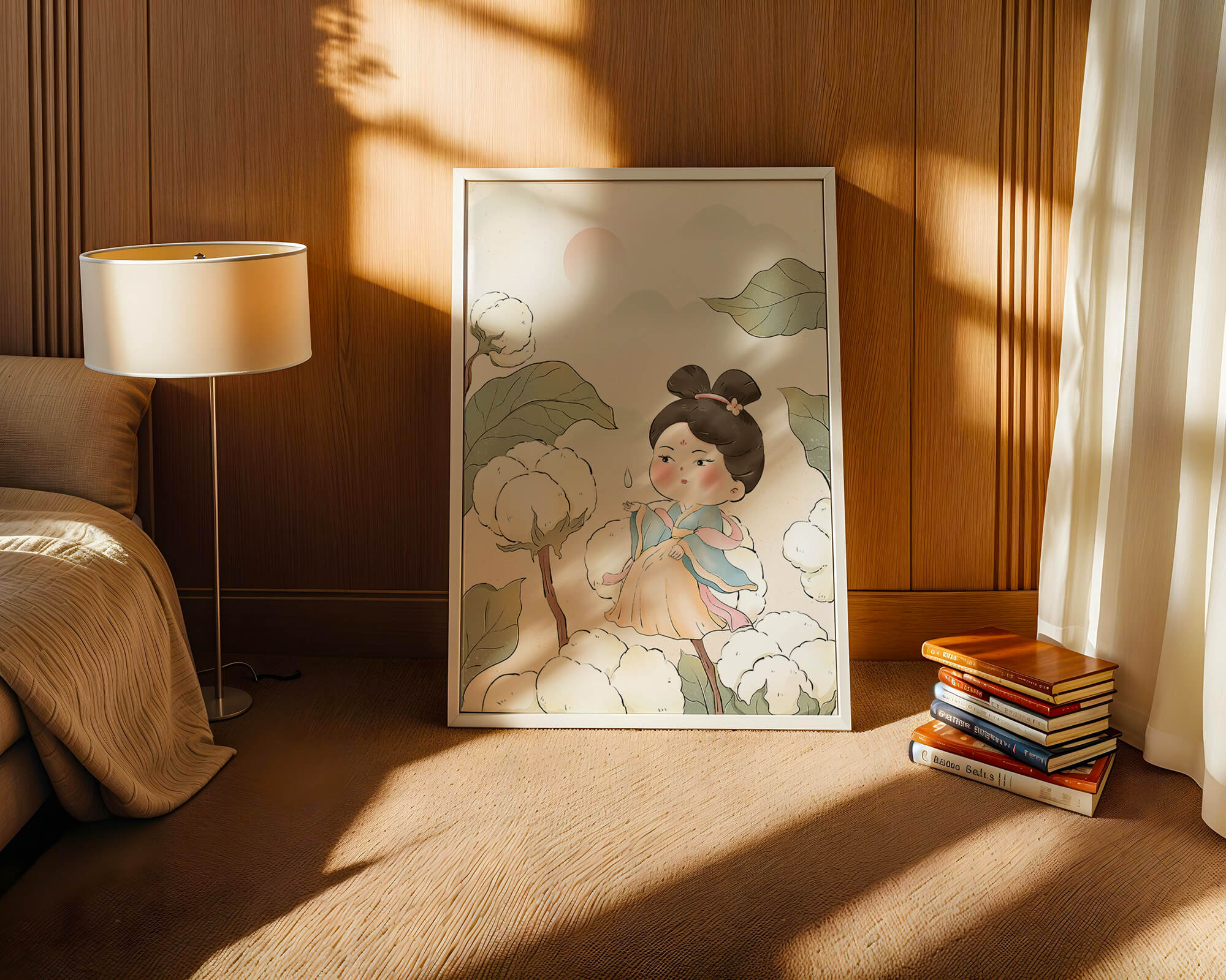 Elegant illustration of a young girl in traditional attire amid cotton plants