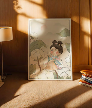 Illustration élégante d'une jeune fille en tenue traditionnelle au milieu de plants de coton