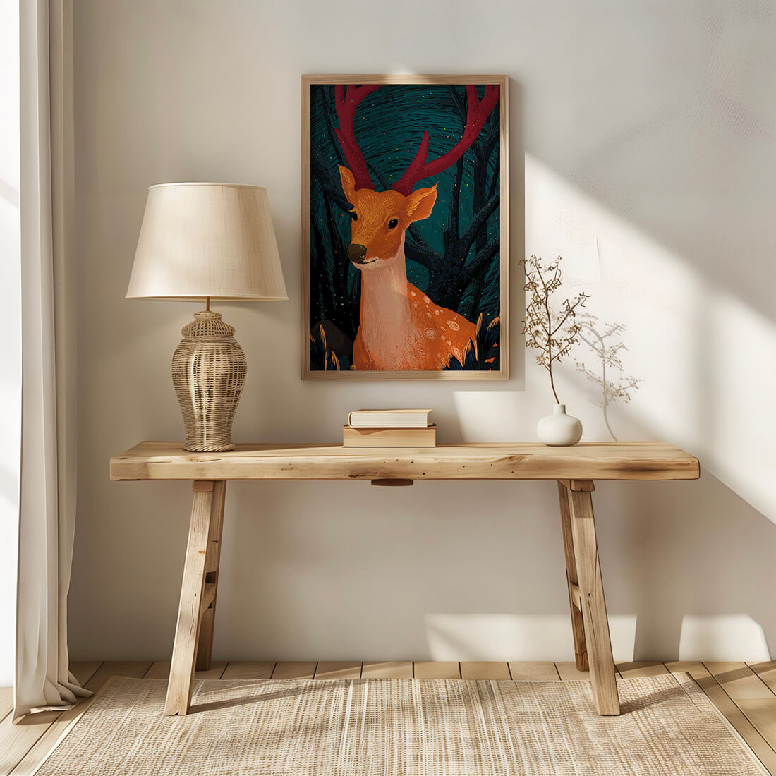 Ilustración de un majestuoso ciervo en un bosque místico