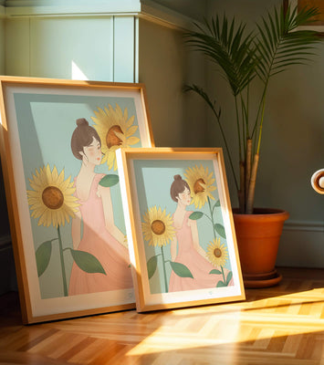 Illustration of a woman in a pink dress with sunflowers