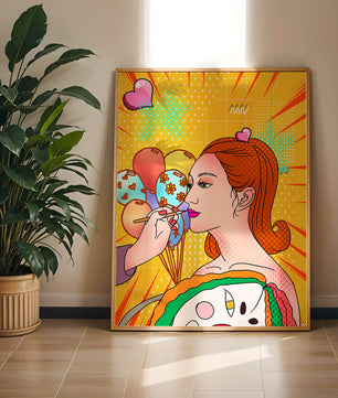 Retrato de mujer en arte pop colorido con globos y patrones vibrantes