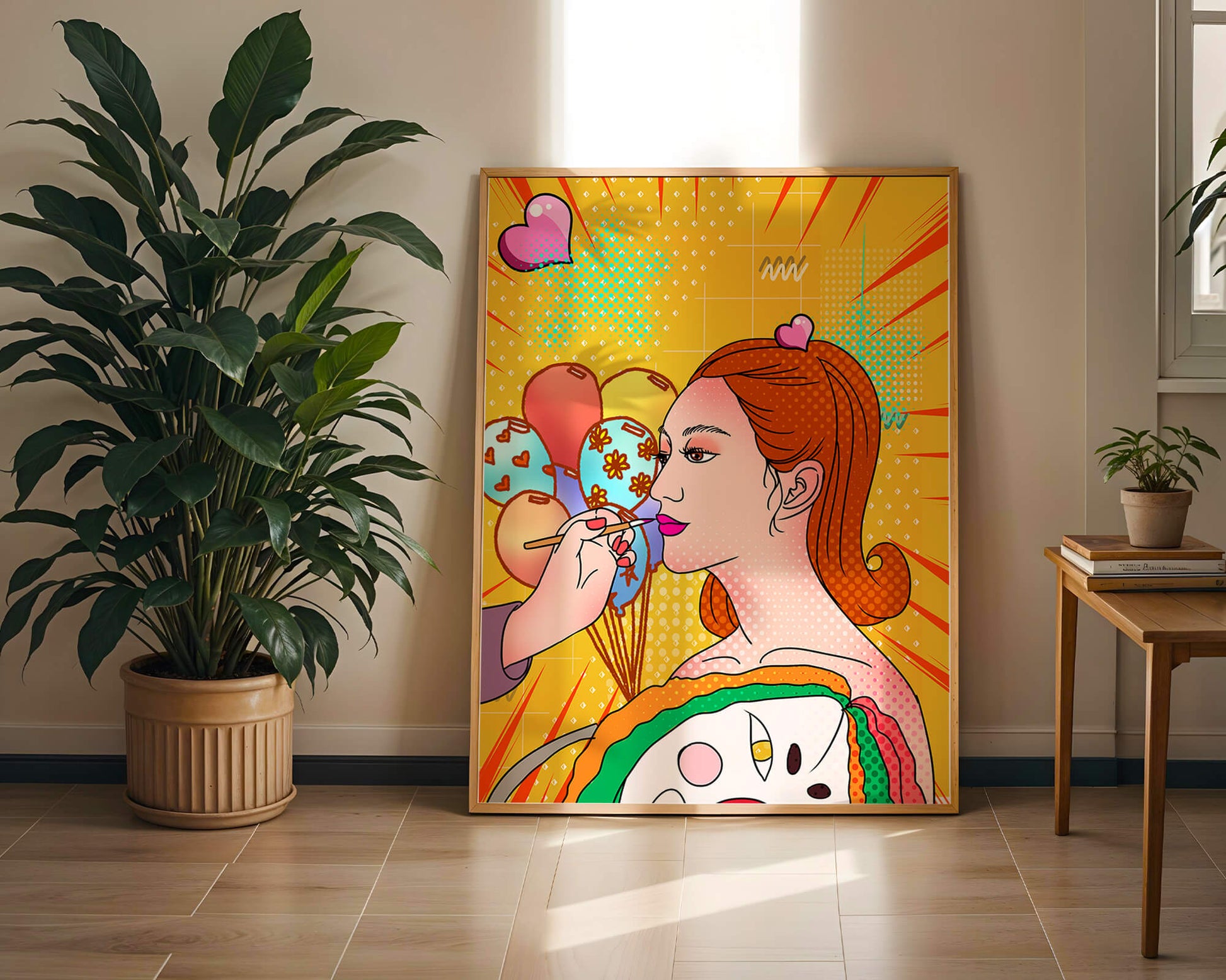 Colorful pop art woman portrait with balloons and vibrant patterns