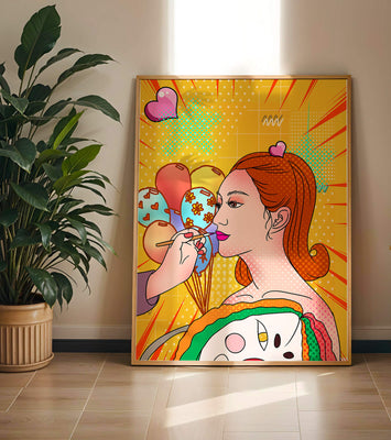 Colorful pop art woman portrait with balloons and vibrant patterns
