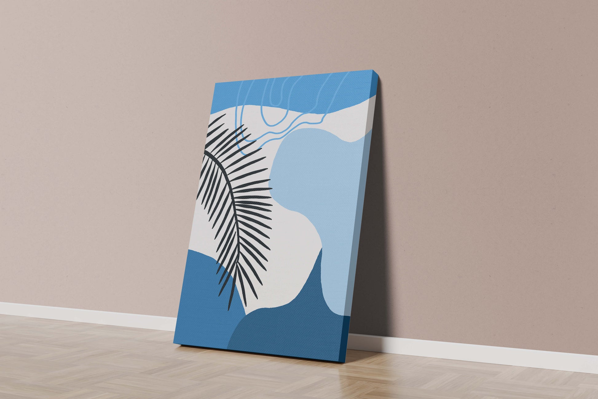 Hoja de palma abstracta sobre fondo azul con líneas fluidas