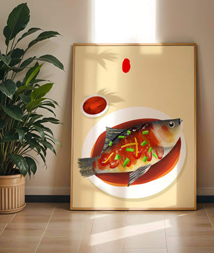 Illustration of a colorful fish dish with garnish