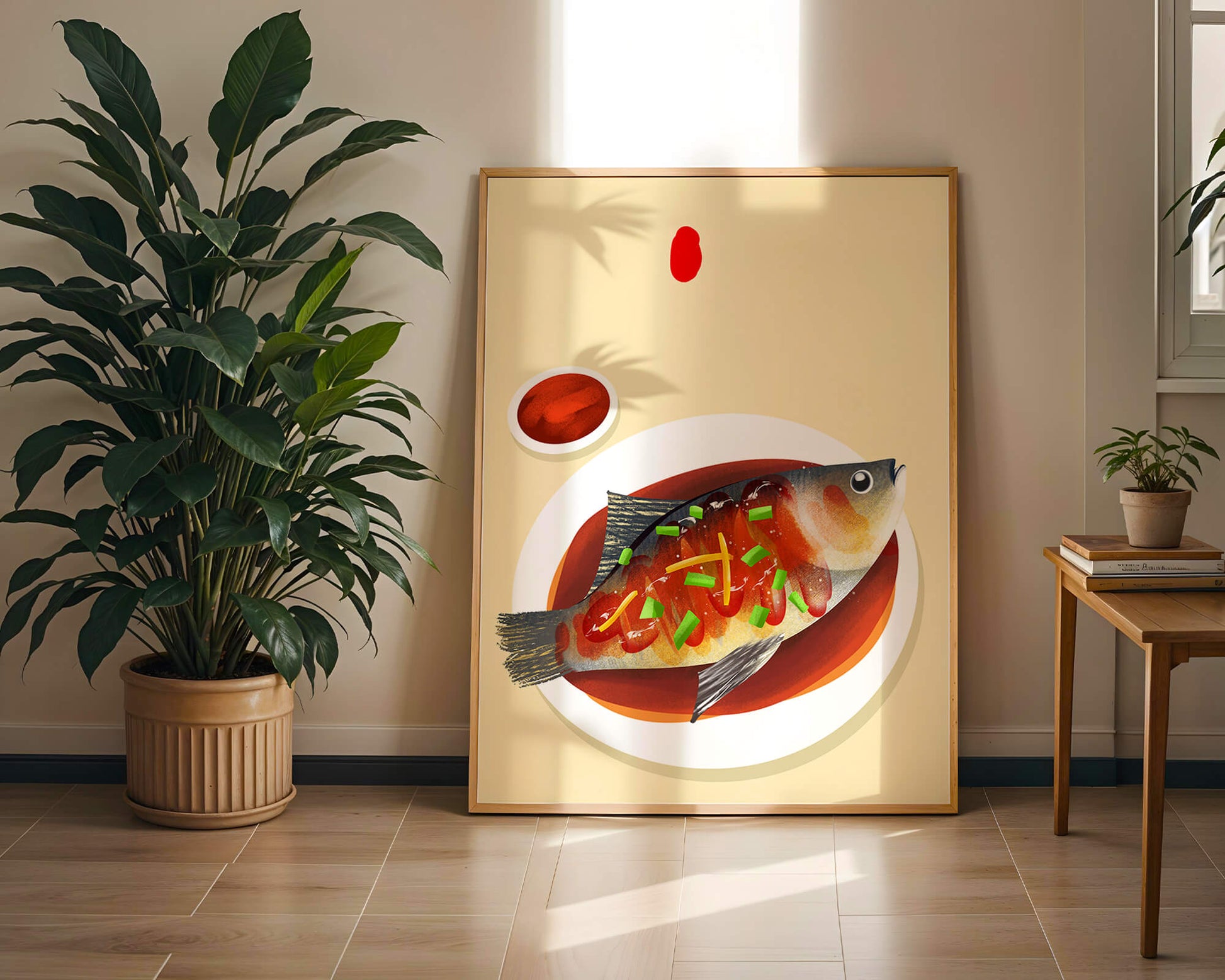 Illustration of a colorful fish dish with garnish