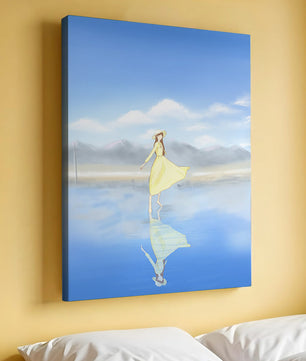 Woman in yellow dress standing on reflective water against clear sky
