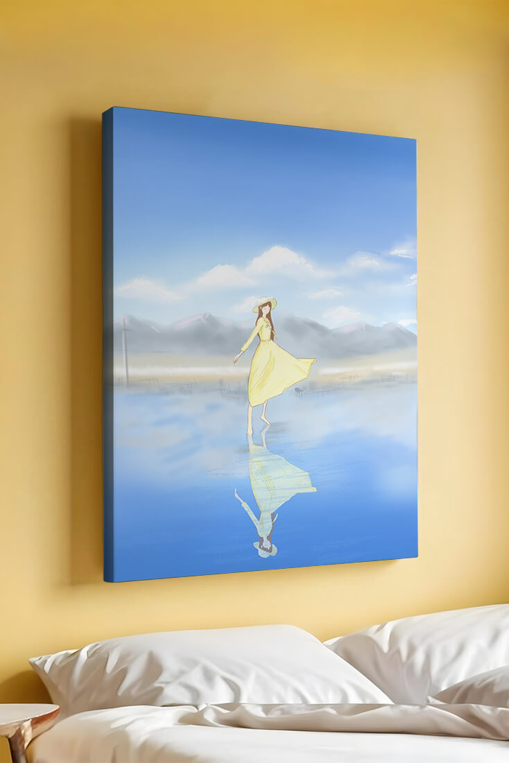 Woman in yellow dress standing on reflective water against clear sky
